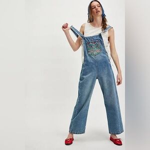 $148! TRICIA FIX  We The Free Sweet Pea Embroidered Overalls - Flora Blue XS